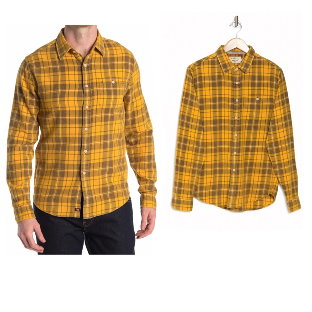 THE NORMAL BRAND CLASSIC GINGHAM BUTTON UP GOLD PLAID FLANNEL SHIRT AUTU… - Picture 4 of 12